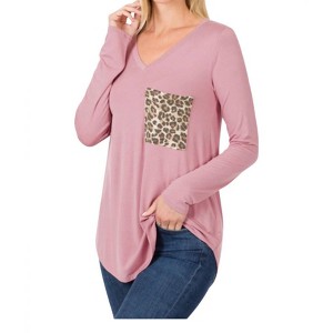 Women's Vneck Leopard Pocket Long Sleeve Top - ZENANA - 1 of 1