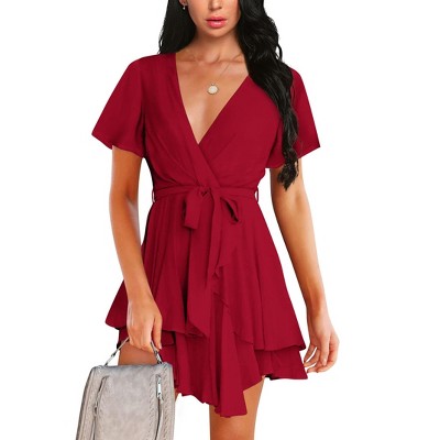 Clearlove Womens Skater Dresses V Neck Short Sleeve Tie Waist Solid Ruffle Boho Flowy Swing Mini Dress