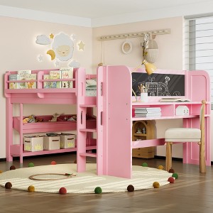 ORRD Full Size Pink Loft Bed with Desk & Blackboard, Solid Wood Kids Storage Bed with Bookcase & Drawers - 1 of 4