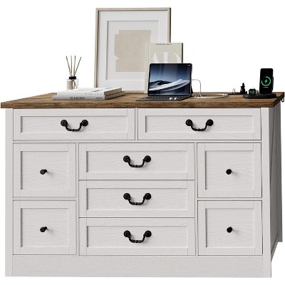 9 Farmhouse Dresser with Charging Station & Metal Handle, Wooden Tv Stand with Dressers, 9 Drawer Dressers for Bedroom Living Room Enterway