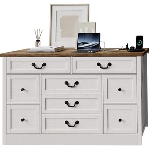 9 Farmhouse Dresser with Charging Station & Metal Handle, Wooden Tv Stand with Dressers, 9 Drawer Dressers for Bedroom Living Room Enterway - 1 of 4