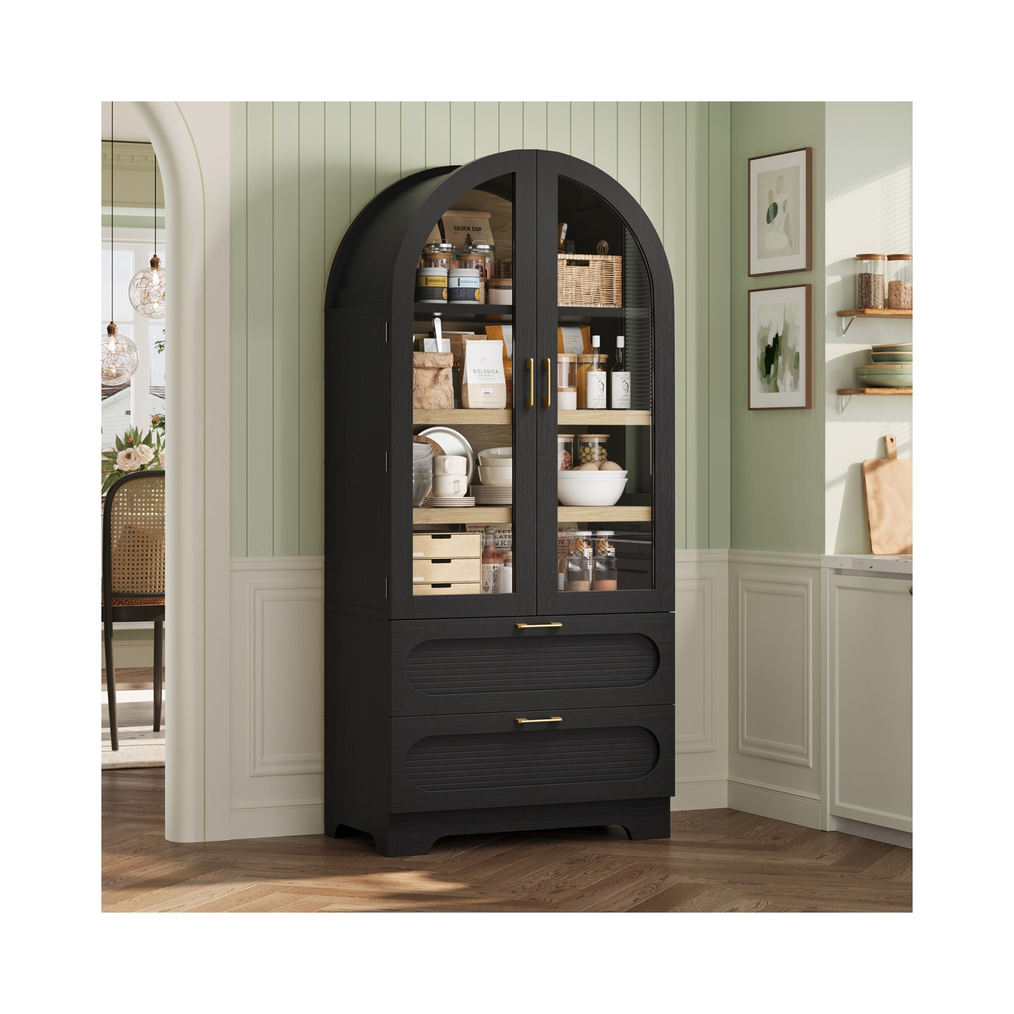 Bestier 71" Tall Storage Cabinet with LED Lights, Kitchen Food Pantry, Arched Storage Cabinet Wood Cupboard with Adjustable Shelves & 2 Drawers, Black