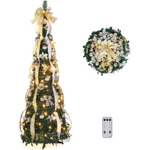 VINGLI 6ft Pop Up Pre-lit Artificial Christmas Tree, 150 Warm White Lights, Gold & Silver, Metal Stand - 1 of 4