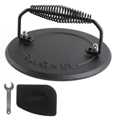 Cuisinel Grill Press - Cast Iron Burger Press for Bacon, Steak and Smashed Hamburgers - 7.5" Round Pre-Seasoned 4-lb Weight.