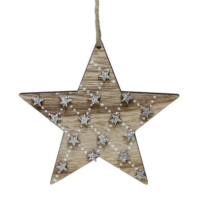 Northlight 4.5" Brown and Silver Wooden Star Hanging Christmas Ornament