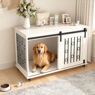 39.37"Wooden Dog Crate Furniture with Sliding Barn Door & Side Door, Indoor Dog Kennel End Table with Lockable Wheels for Small/Medium Dogs, White