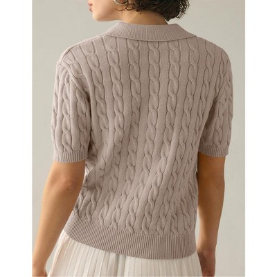 Womens Sweater Knit Tops Short Sleeve No Buttom Polo Collar Sweater Ribbed Cuff Fancy Knitwear