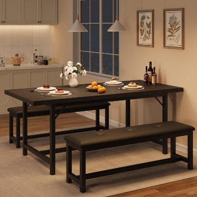 CuisinSmart Dining Table Set for 4-6, 63" Large Extendable Dining Room Table Set, Rectangle Kitchen Table with 2 Soft Benches