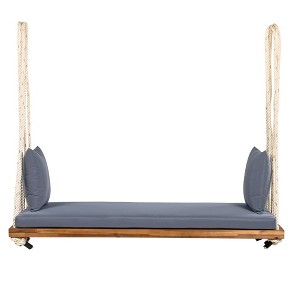 Outdoor Swing Chair with 2 Person Seating, Acacia Wood Hanging Chair Porch Swing Bench w/ Cushion, 2 Pillows & Hemp Ropes for Garden Backyard, White - 1 of 4