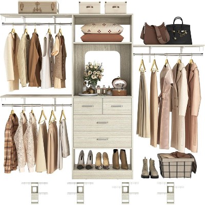 Aheaplus Closet Organizer with Drawer, Closet System with Mirror and Hanging Rod