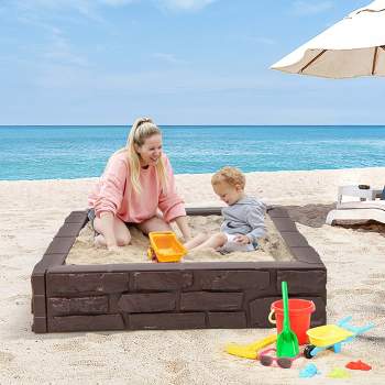 Costway Kids Sandbox with Cover Bottom Liner Backyard Beach HDPE Sandpit for Outdoor Play Brown/White
