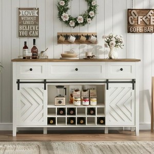 59 Inch Farmhouse Wine Bar Cabinet with Sliding Barn Door, Rustic Buffet Sideboard with 3 Drawers and Adjustable Shelves - 1 of 4