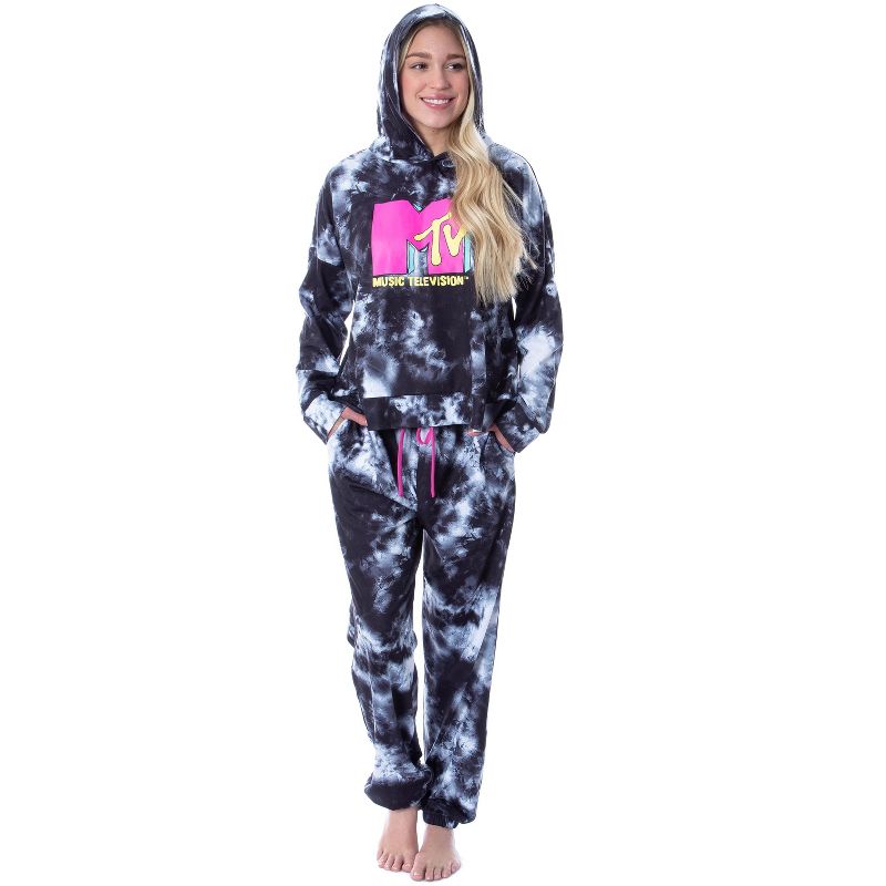 MTV Music Television Tie Dye Womens' Cropped Hooded Pajama Jogger Set Black, 4 of 6