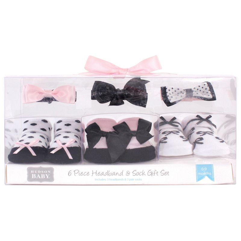 Hudson Baby Infant Girl Headband and Socks Giftset 6pc, Black Pink Bows, One Size, 3 of 4