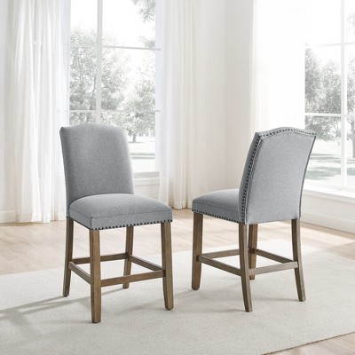 Wood Counter Chair (Set of 2) with Memory Foam Seat, Stretchers, Driftwood Finish, Ash-Gray Fabric, and Nailhead Trim