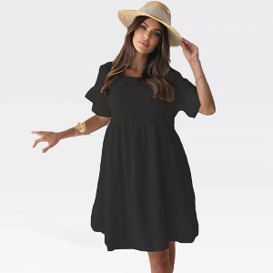 Womens Linen Textured Beach Dress Short Ruffle Sleeve Midi Smock Dress Round Neck Babydoll Flowy Dress Semi Sheer Beach Cover Dress - 1 of 4