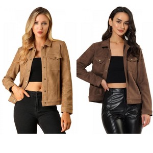 INSPIRE CHIC Women's Turn-Down Collar Flap Pockets Snap Button Faux Suede Jacket 2 Packs - 1 of 4