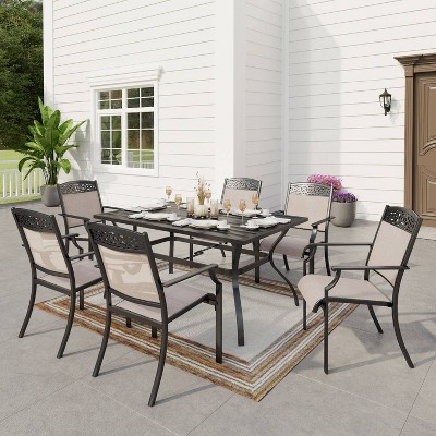 7pc Outdoor Dining Set with Sling Chairs & Metal Rectangle Table with Umbrella Hole - Captiva Designs