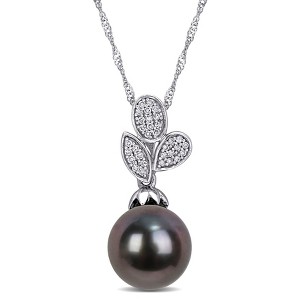 EVERLY JEWELRY | 10K White Gold 9 - 9.5 MM Black Tahitian Cultured Pearl and 1/10 CT TW Diamond Leaf Drop Pendant with Chain - 17 inch - 1 of 4
