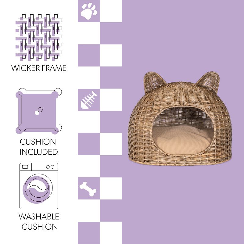Cat Ear Coastal Handwoven Rattan Cat Bed with Machine-Washable Cushion, 3 of 10