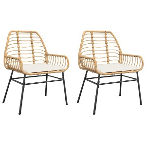 vidaXL Patio Chairs - 2 Piece Poly Rattan Garden Seating - Brown with Cream White Cushions - 1 of 4