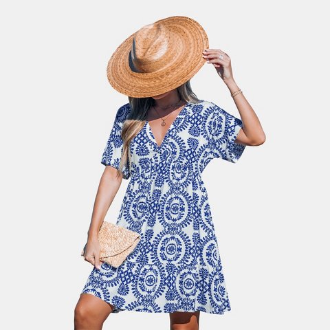 Женские платья Cupshe Women's Boho Chic Blue and White Floral Printed Beach Dress-M-Blue