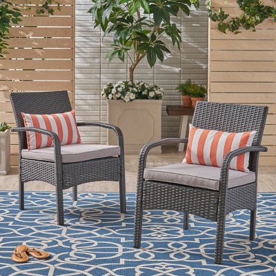 Gray Wicker Outdoor Club Chairs with Cushions, Set of 2