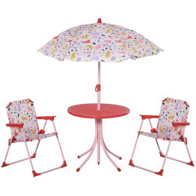 Outsunny Kids Folding Picnic Table and Chair Set Shark Pattern Outdoor Garden Patio Backyard with Removable & Height Adjustable Sun Umbrella
