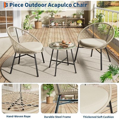 Acekool 3-Piece Outdoor Acapulco Patio Bistro Set,Cushioned Chairs & Glass Top Table, All-Weather Blue Chairs for Balcony, Pool, Garden, Backyard
