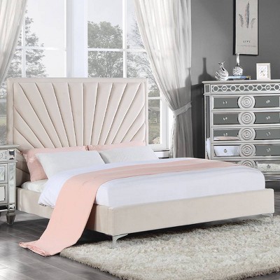 Beige Velvet Queen Bed with Tufted Headboard and Metal Feet