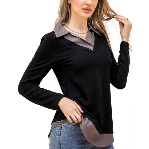 Women's Short Sleeve V-Neck Contrast Collared Shirts Patchwork Work Blouse Tunics Tops - 1 of 4