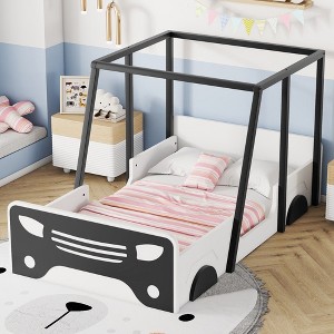 CAVINAS Full Size Wood Tent Montessori Bed,Modern Floor Bed with Triangle Structure and X-Shaped Safety Railings,Toddler Bed for Bedroom - 1 of 4