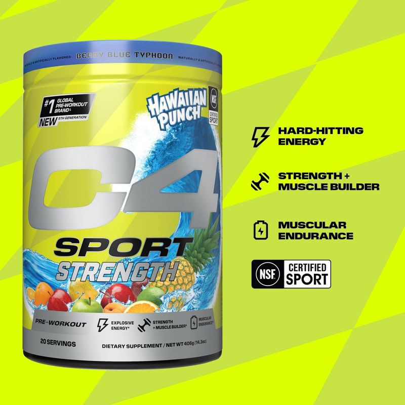 Cellucor C4 Sport Strength Pre-Workout - Hawaiian Punch Berry Blue Typhoon - 14.3oz/20 Servings, 4 of 9