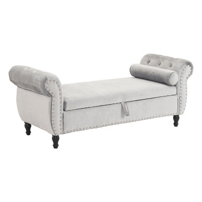 VYNXARIA Grey Velvet Storage Ottomans and Benches with Pillow - 250 lb Capacity, Multifunctional and Stylish Design