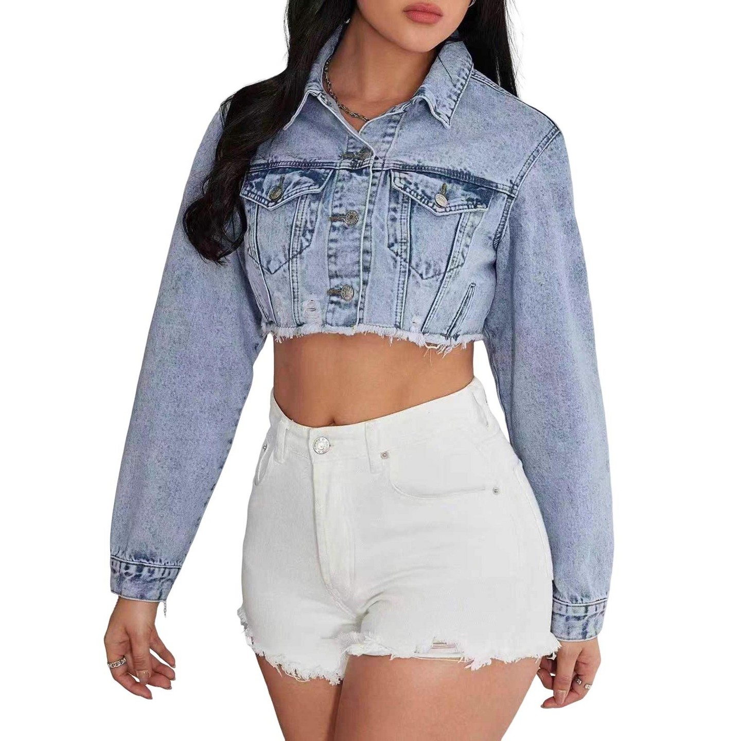 Женская куртка EadianDree Women Cropped Denim Jacket Frayed Hem Long Sleeve Lapel Button Front Outerwear, цвет: Джинсовый — фото 1