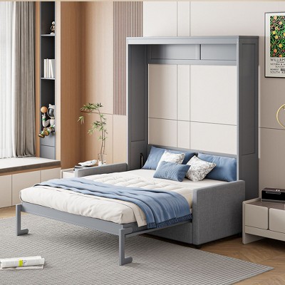 NicBex Full Size Murphy Bed Wooden Frame Murphy Bed Morden Hideaway Wall Bed with Sofa and Shelf for Guest Room