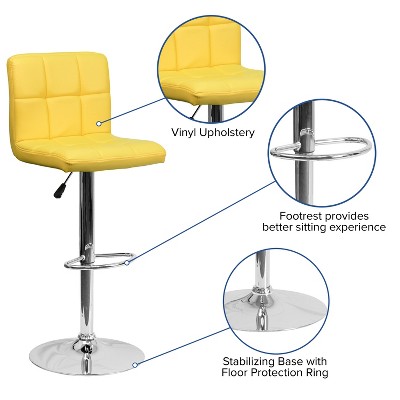 Yellow Quilted Adjustable Height Swivel Barstool with Chrome Base