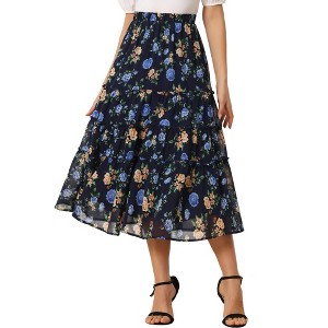 INSPIRE CHIC Women's Floral Elastic Waist Tiered Ruffle Boho Midi Skirts - 1 of 4