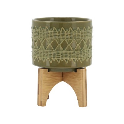 Geometric Ceramic Planter on Wooden Stand - Sagebrook Home