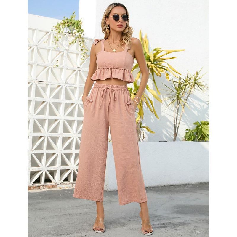 Women's 2 Piece Tracksuit Sleeveless Square Neck Linen Tank Crop Top Wide Leg Pants Matching Sets Summer Outfits, 4 of 9