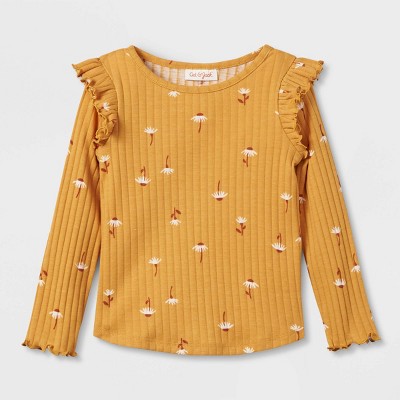 Toddler Girls' Floral Ribbed Long Sleeve Top - Cat & Jack™ Yellow 12M