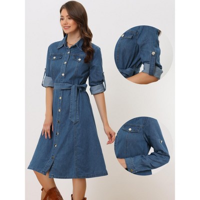 Женские платья INSPIRE CHIC Women's Denim Button Down Long Sleeve Belted Classic Midi Shirt Dress Medium Blue — фото 2