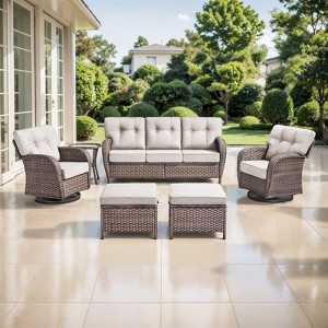 Belord 6 Pieces Patio Furniture Set with 5" Thick Cushions, Wicker Patio Set with Swivel Gliding Rocker Chairs, Sofa, Ottoman and Accent Side Table - 1 of 4