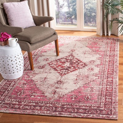 Fuchsia and Beige Floral Motif Cotton Runner Rug