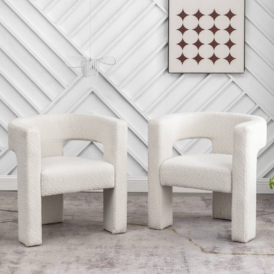 Set of 2 Cream Boucle Barrel Accent Chairs with Wood Frame