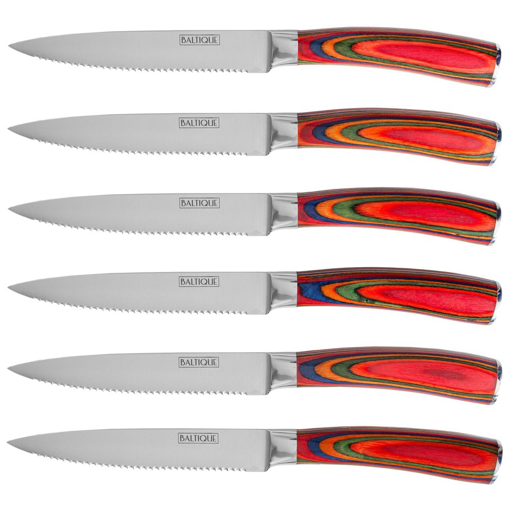 Baltique Marrakesh 6pc Steak Knife Set: Multicolored Birchwood Handles, Stainless Steel, Hand Wash, 9" Length, Service for 6