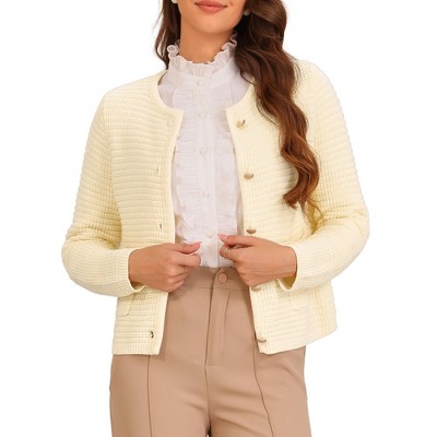 Allegra K Women's Crew Neck Open Front Button Down Knit Sweater Cardigan with Pocket