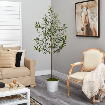 Mediterranean Dream 70" Faux Olive Tree in White Tin Planter