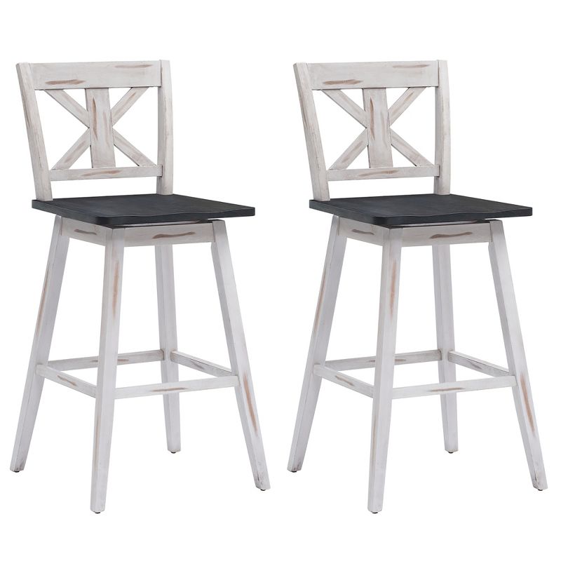 Costway Set of 2 Bar Stools Swivel Pub Height Chairs w/ Rubber Wood Legs White\Black, 1 of 10