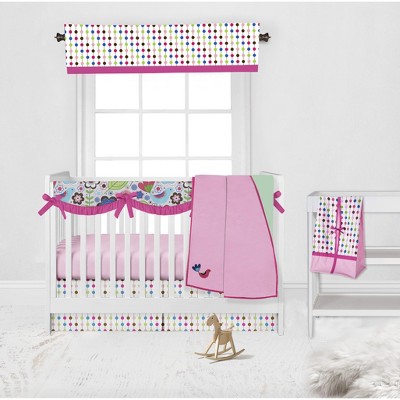 Bacati - Botanical Floral Birds Pink Multicolor 6 pc Crib Bedding Set with Long Rail Guard Cover